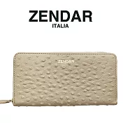 【ZENDAR】臺灣總代理 限量1折 頂級小羊皮鴕鳥紋拉鍊皮夾 凱莉系列 全新專櫃展示品 米灰色