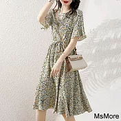 【MsMore】 小清新印花時尚簡約系帶荷葉短袖圓領顯瘦長版洋裝# 116059 S 花紋