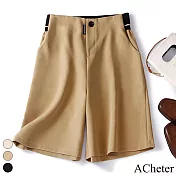 【ACheter】 條紋腰帶五分西裝短褲大碼百搭顯瘦高腰鬆緊闊腿褲# 116481 M 卡其