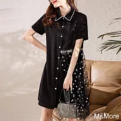 【MsMore】 顯瘦翻領法式不規則網紗拼接短袖晚宴連身裙中長版洋裝# 116503 M 黑色