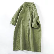【ACheter】 棉麻連身裙純色圓領休閒襯衫式寬鬆顯瘦七分袖洋裝# 116510 L 綠色