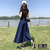 【Jilli~ko】後腰鬆緊顯瘦垂墜A字牛仔長裙 M-XL J10052 L 深藍色