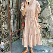 【ACheter】 韓版簡約氣質純色寬鬆V領麻棉花苞短袖連身裙長版洋裝 # 116539 FREE 米白