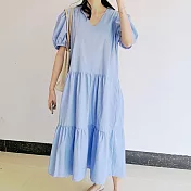 【ACheter】 韓版簡約氣質純色寬鬆V領麻棉花苞短袖連身裙長版洋裝 # 116539 FREE 天空藍