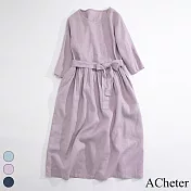 【ACheter】 亞麻感連身裙腰帶收腰遮肚子顯瘦七分袖圓領純色大擺長裙洋裝 # 116554 2XL 紫色