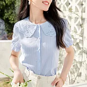 【MsMore】 法式襯衫鏤空花邊雙層領泡泡短袖短版上衣 # 116635 2XL 藍色