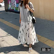 【Jilli~ko】假兩件T恤拼接筆觸印花寬鬆連衣裙 J10238  FREE 灰色