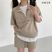 【AMIEE】率性時尚翻領運動套裝(男女款/KDA-078) 2XL 卡其