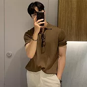 【AMIEE】型男修身坑條純色POLO衫(男裝/KDTY-2217) L 咖啡