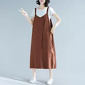 【慢。生活】文藝設計款大碼寬鬆休閒棉麻背心裙 1810  FREE 咖啡色