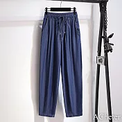 【ACheter】 冰天絲牛仔九分褲韓版顯瘦寬鬆鬆緊腰哈倫長褲 # 116716 M 深藍