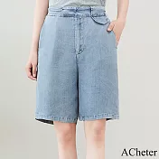 【ACheter】 鬆緊腰冰天絲牛仔短褲寬鬆闊腿高腰顯瘦五分褲 # 116719 3XL 藍色