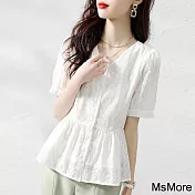 【MsMore】 白色氣質優雅時尚休閒寬鬆韓版短袖襯衫雪紡短版上衣 # 116761 XL 白色