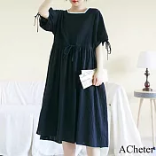 【ACheter】 韓版氣質方領花邊連身裙加大碼收腰顯瘦短袖寬鬆長版洋裝 # 116758 M 黑色