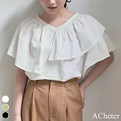 【ACheter】 日系寬鬆甜美V領不規則荷葉邊短袖設計感抽褶棉短版上衣 # 116816 FREE 白色