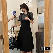 【Jilli~ko】單邊吊帶工裝風設計拼接連衣裙 J10326  FREE 深灰色
