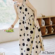 【ACheter】 圓領背心連身裙無袖波點長版亞麻感背心洋裝 # 116562 L 花紋