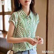 【MsMore】 時尚氣質優雅顯瘦百搭襯衫短袖減齡舒適綠紋短版上衣 # 116828 M 綠色