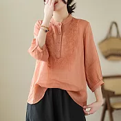 【ACheter】 文藝復古棉麻襯衫刺繡立領氣質七分袖寬鬆短版上衣 # 116832 M 橘色