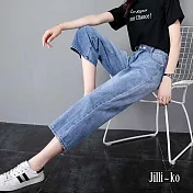 【Jilli~ko】鬆緊腰薄款春夏寬版九分牛仔褲 M-L J10293 M 淺藍色