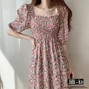 【Jilli~ko】法式復古碎花方領荷葉邊泡泡袖連衣裙 J10082  FREE 粉紅色
