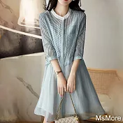 【MsMore】 藍色拼接條紋七分袖襯衫式圓領連身裙中長版洋裝 # 116877 2XL 藍色