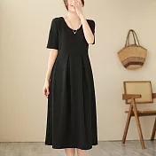 【ACheter】 韓版時尚氣質顯瘦A字長裙短袖圓領連身裙洋裝# 116864 2XL 黑色
