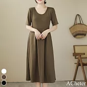 【ACheter】 韓版時尚氣質顯瘦A字長裙短袖圓領連身裙洋裝# 116864 L 軍綠