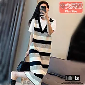 【Jilli~ko】假兩件拼接條紋大碼寬鬆連衣裙 J10324  FREE 黑色