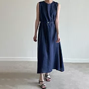 【ACheter】 韓版遮肉舒適薄款M圓領無袖系帶棉麻連身長裙長版背心洋裝# 116846 FREE 藏青