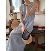 【ACheter】 韓版極簡主義圓領皺褶寬鬆休閒無袖背心連身長裙棉麻洋裝# 116853 FREE 藍色