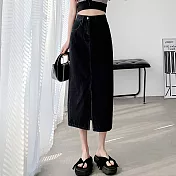 【MsMore】 高腰開叉牛仔中長版遮胯A字小個子包臀長裙# 116911 L 黑色