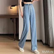 【MsMore】 天絲感牛仔窄版闊腿褲夏季薄款高腰顯瘦寬鬆冰絲直筒拖地長褲# 116923 S 款1
