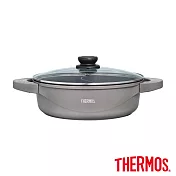 【THERMOS膳魔師】巧易不沾鍋雙耳附蓋壓鑄鴛鴦火鍋28cm 霧灰綠(TFP-P28-DBR)