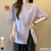 【MsMore】 寬鬆開叉短袖T恤圓領別致中長顯瘦棉上衣 # 116881 L 紫色