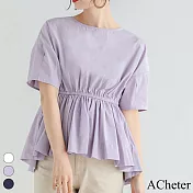 【ACheter】 日系新款時尚百搭夏圓領短袖小露背收腰繫帶休閒設計感前短後長上衣# 117012 FREE 紫色