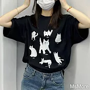 【MsMore】 小貓表情插畫圓領短袖黑色短版T恤抖音爆款短版上衣# 117253 2XL 黑色