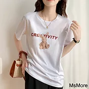 【MsMore】 純棉大碼圓領夏裝卡通印花短袖短版寬鬆T恤上衣# 117259 4XL 白色