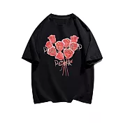 【MsMore】 夏日玫瑰花束印花圓領大碼短袖寬鬆百搭T恤短版上衣# 117265 2XL 黑色