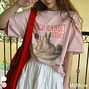 【MsMore】 寫真兔印花圓領短袖純棉大碼寬鬆短袖T恤短版上衣# 117271 L 粉紅色