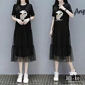 【Jilli~ko】時尚圖案網紗拼接連衣裙 J10054 FREE 黑色
