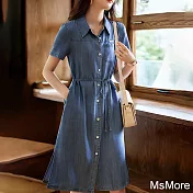 【MsMore】 設計感薄款牛仔連身裙夏季新款質感休閒短袖襯衫式中長版洋裝# 117187 L 牛仔藍色