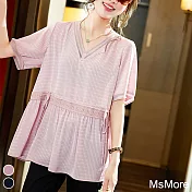 【MsMore】 V領褶皺收腰格子短袖寬鬆大碼涼涼短版上衣# 117190 L 粉紅色
