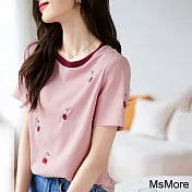 【MsMore】 休閒刺繡上衣撞色粉色櫻桃短袖透氣百搭圓領T恤短版上衣# 117209 M 粉紅色