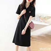 【MsMore】 短袖黑色連身裙休閒POLO領櫻條刺繡簡約顯瘦中長版洋裝# 117216 M 黑色