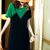 【MsMore】 拼接氣質連身裙時尚圓領短袖假2件直筒寬鬆中長版洋裝# 117282 FREE 綠色