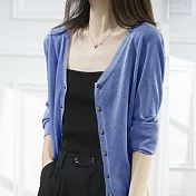 【MsMore】 夏新款V領針織開衫薄冰絲寬鬆防曬外套短款長袖空調衫罩衫上衣# 117306 FREE 深藍色