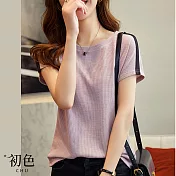 【初色】撞色條華夫格短袖T恤上衣-紫色-67961(M-2XL可選) L 紫色