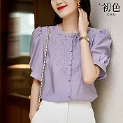 【初色】短袖鏤空刺繡花邊圓領素色襯衫上衣-共2色-68004(M-2XL可選) 2XL 紫色