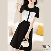【初色】休閒時尚通勤顯瘦假兩件短袖連身裙洋裝-黑白色-67986(M-2XL可選) 2XL 黑白色